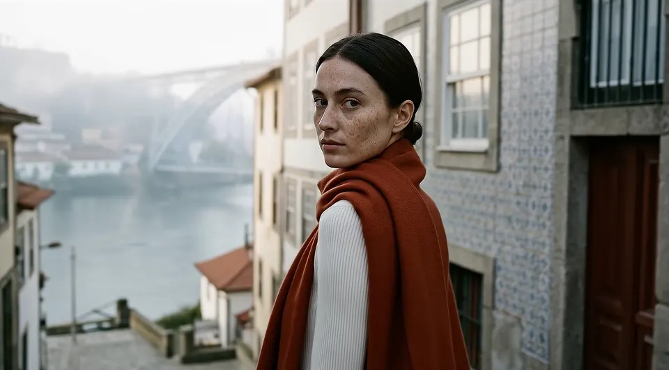 A woman in an ivory knit and the rust Lume wrap looking back over her shoulder on a steep Porto street above the river.