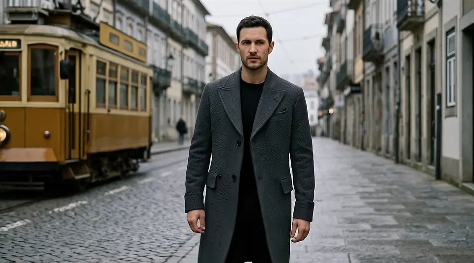 A man in a long charcoal coat standing on a wet cobbled street as a yellow tram passes behind him.