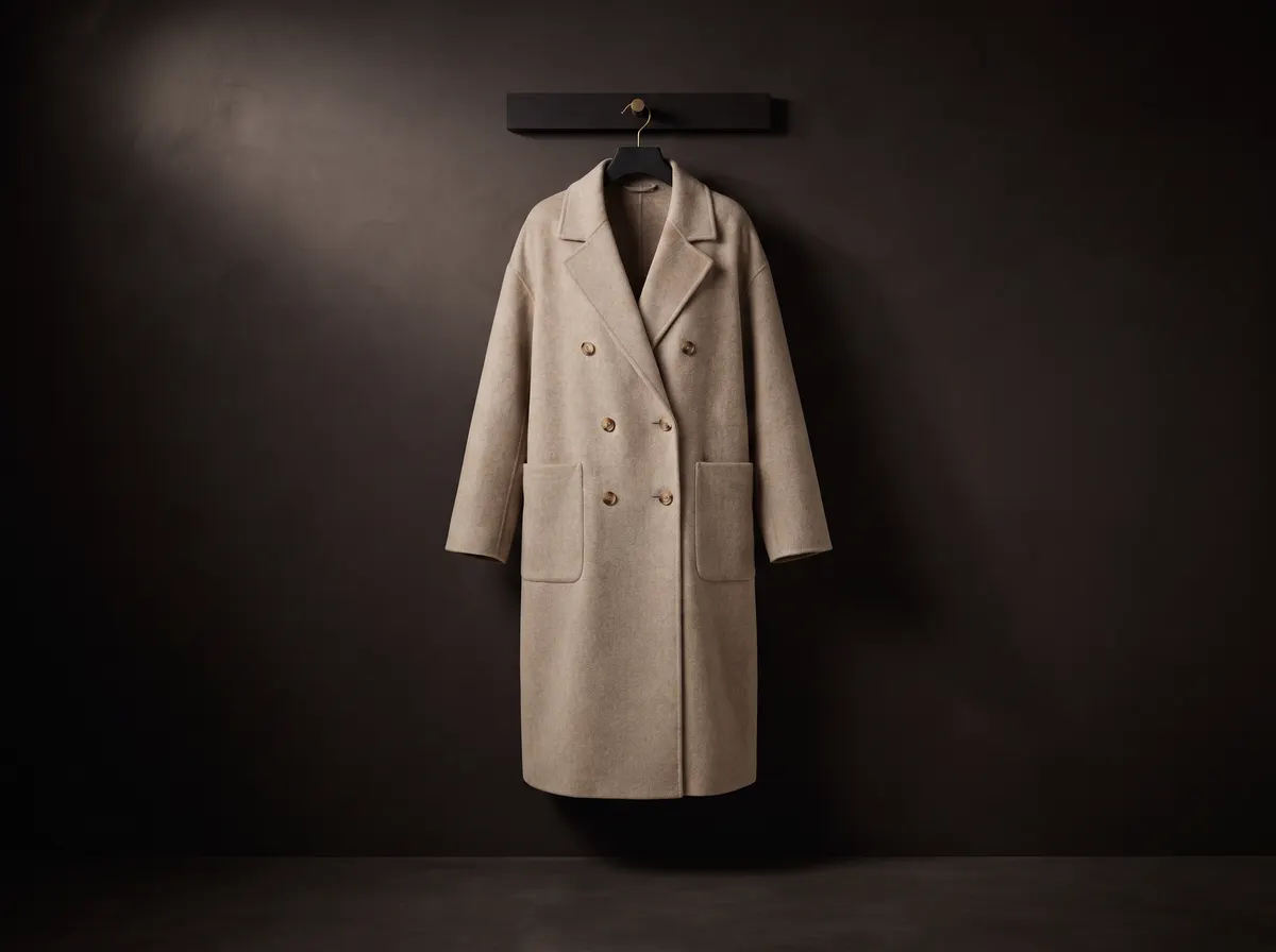 The oat Olmo coat on a wooden hanger against a dark plaster wall, lit from the upper left.