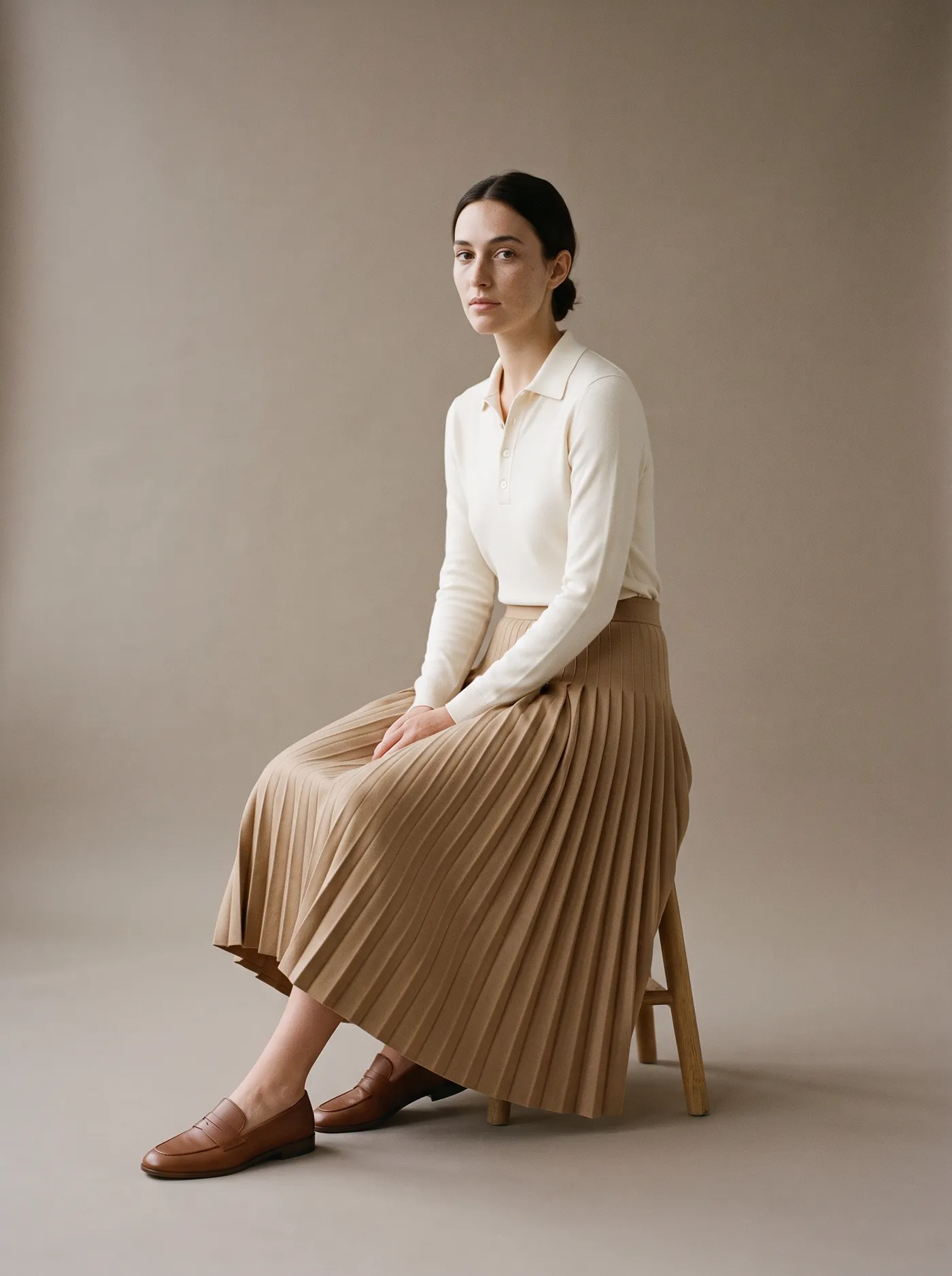 A woman seated on a wooden stool in an ivory knit polo and a sand pleated midi skirt.