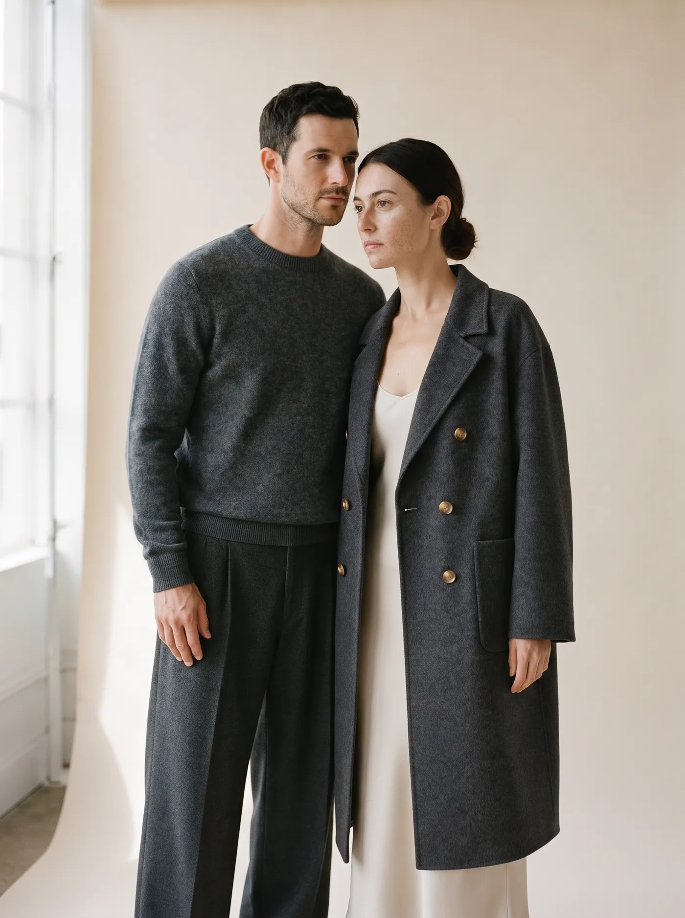A man in a grey knit and charcoal trousers beside a woman in the charcoal Olmo coat, standing close together by a window.