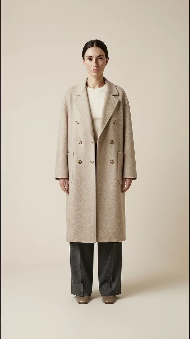 A woman in the oat Olmo coat, standing facing the camera.
